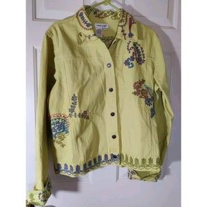 COLDWATER CREEK CHARTREUSE GREEN EMBROIDERED WOMANS JEAN JACKET SIZE L